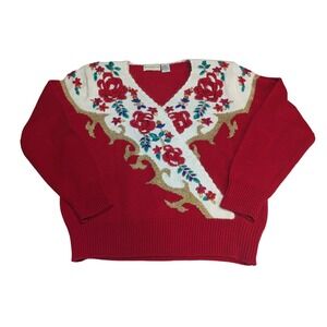 Vintage Jaclyn Smith Red Floral Embroidered V-Neck Sweater Gold Metallic Large